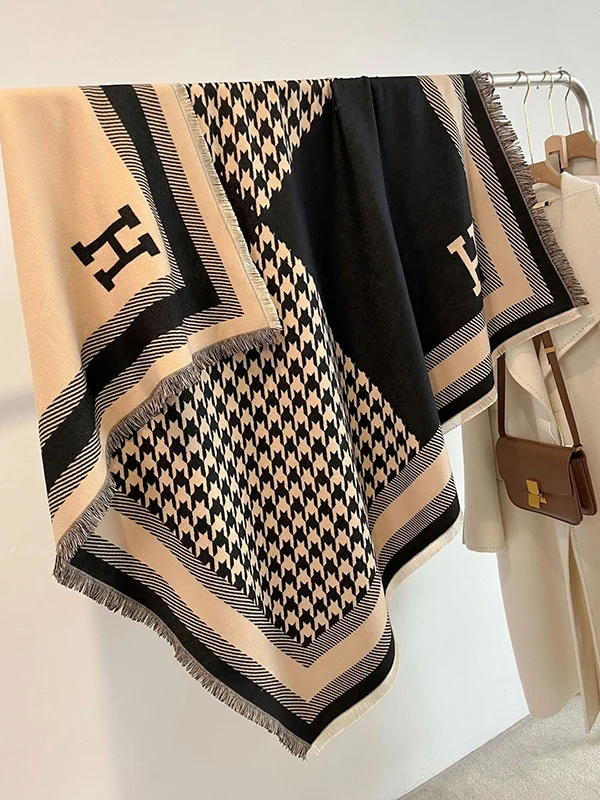 Striped Printed Keep Warm Houndstooth Fringed Contrast Color Shawl&Scarf