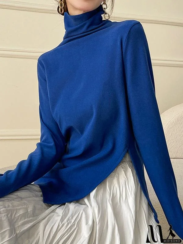 Casual Skinny Long Sleeves Split-Side Solid Color High-Neck T-Shirts Tops