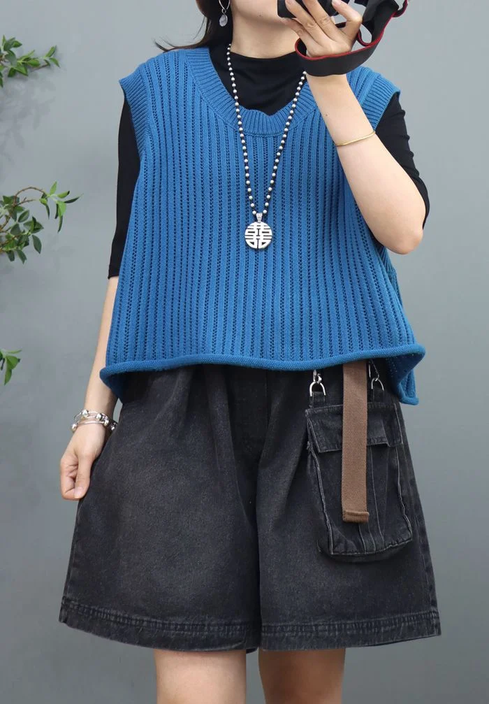 Toloer Toloer Spring And Autumn New Fold Wear Solid Color Horse Clip Vest Retro Loose Short Round Collar Knit Vest Woman-Outfit Ideas