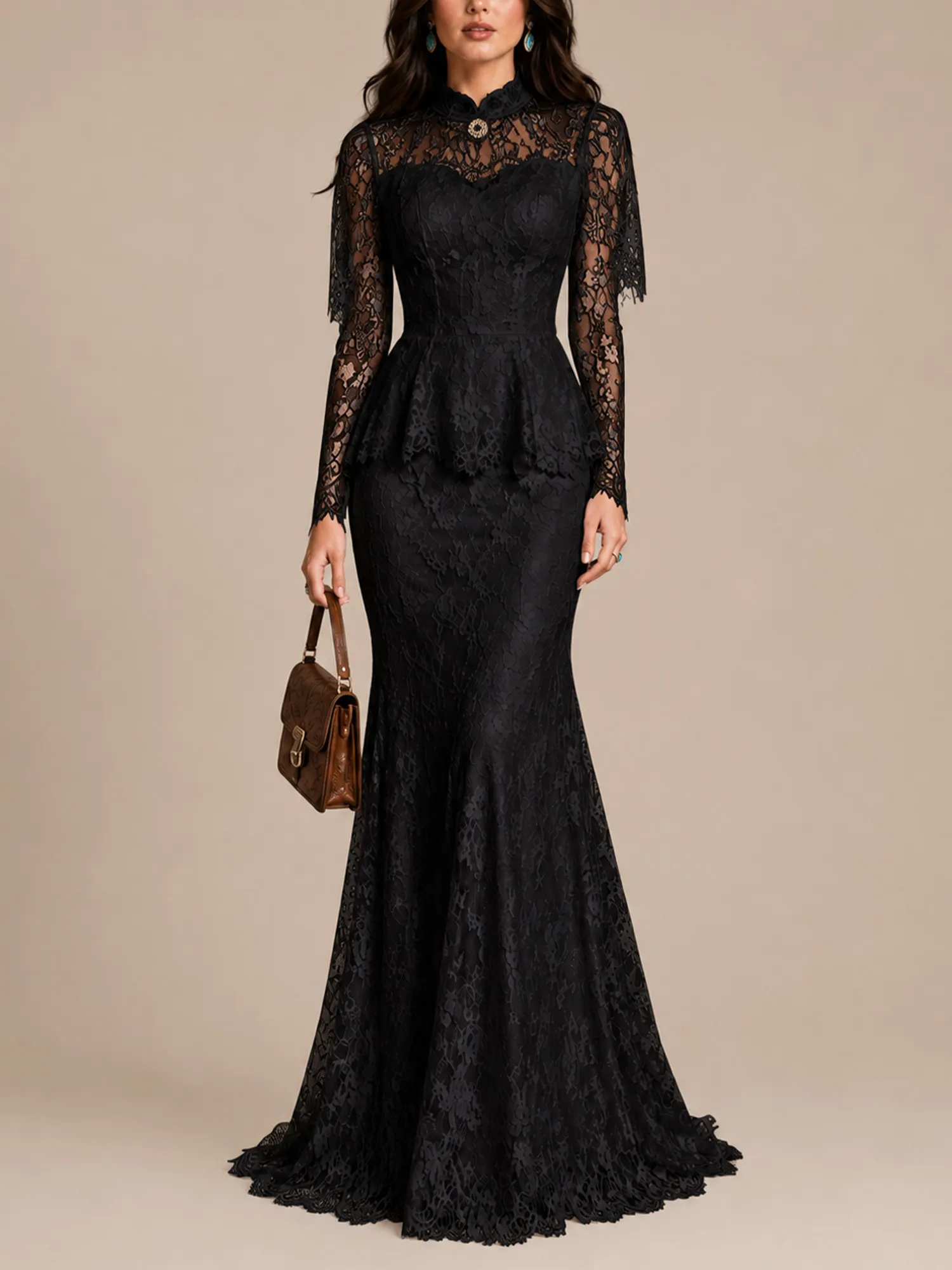 Perfect for a Western Gothic themed wedding &mdash; 2026 High-neck Ruffled Hem Floral Lace Maxi Dress Two-Piece Set