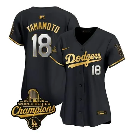 Women's Los Angeles Dodgers #18 Yoshinobu Yamamoto  Black Golden 2025 World Series Champions Home Limited Jersey
