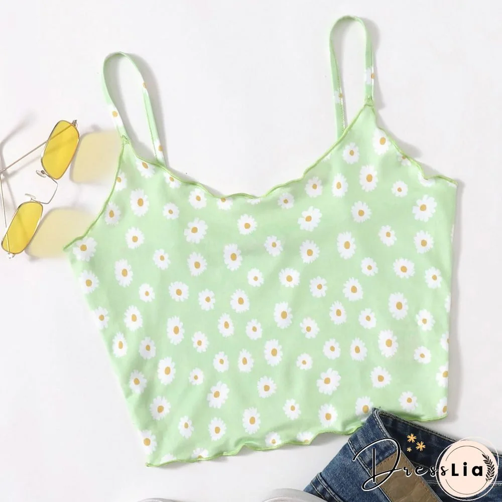 Ribbed Knit Flower Prints Cropped Cami Tops Lace Trim Tank