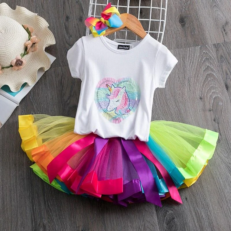 2021 New Summer Girls Unicorn Clothes Sets 2PCS Short Sleeve Cartoon Print T Shirts + Fluffy Tutu Skirts Unicornio Girl Clothing