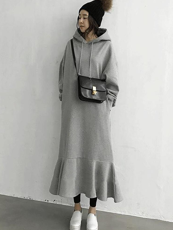 Simple Solid Color Loose-Fitting Hoodie Dress