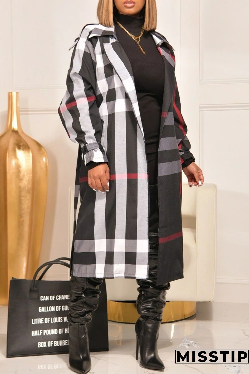 Black Fashion Casual Print Cardigan With Belt Turndown Collar Outerwear