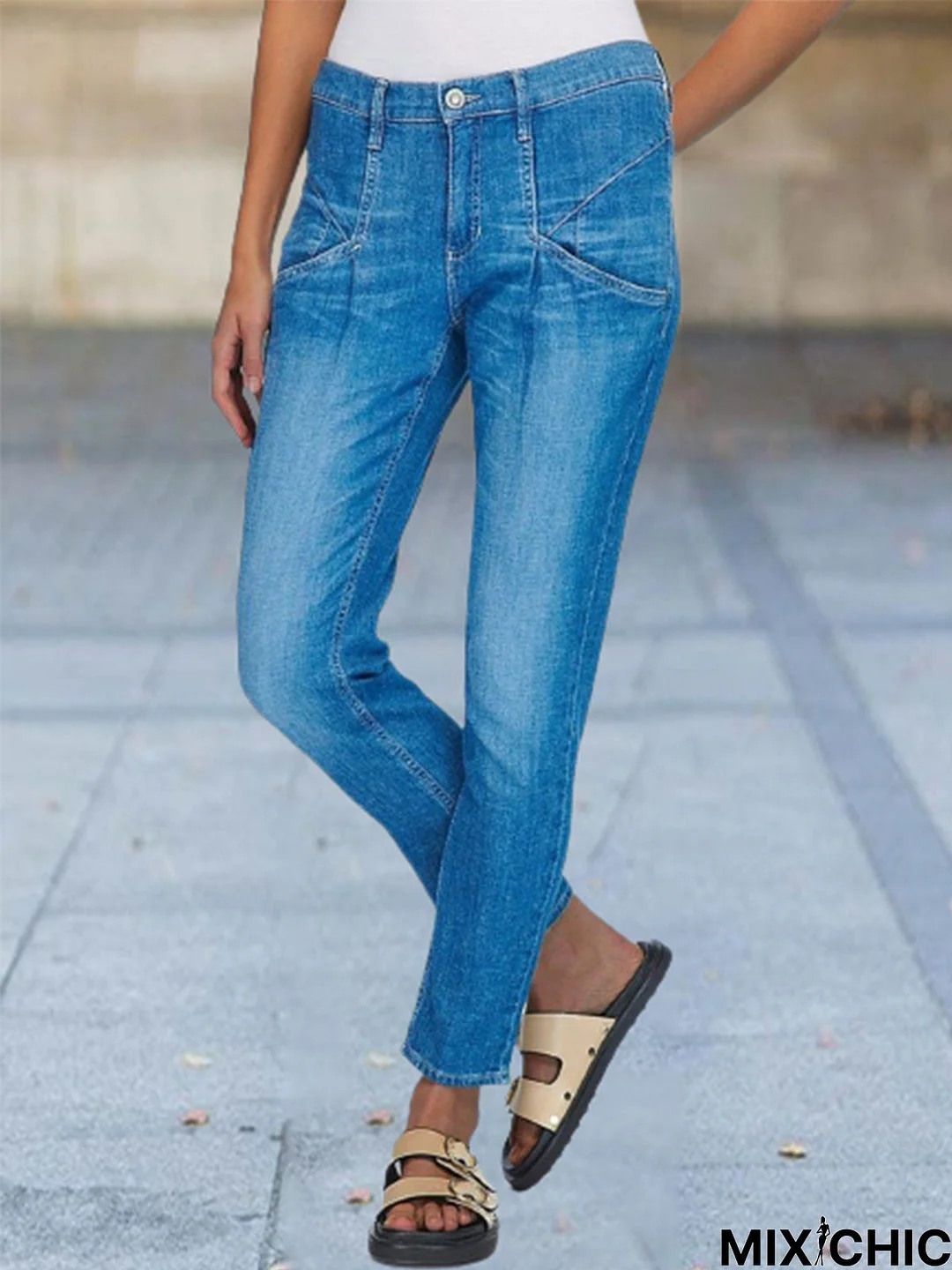 Plain Buckle Casual Denim Jeans