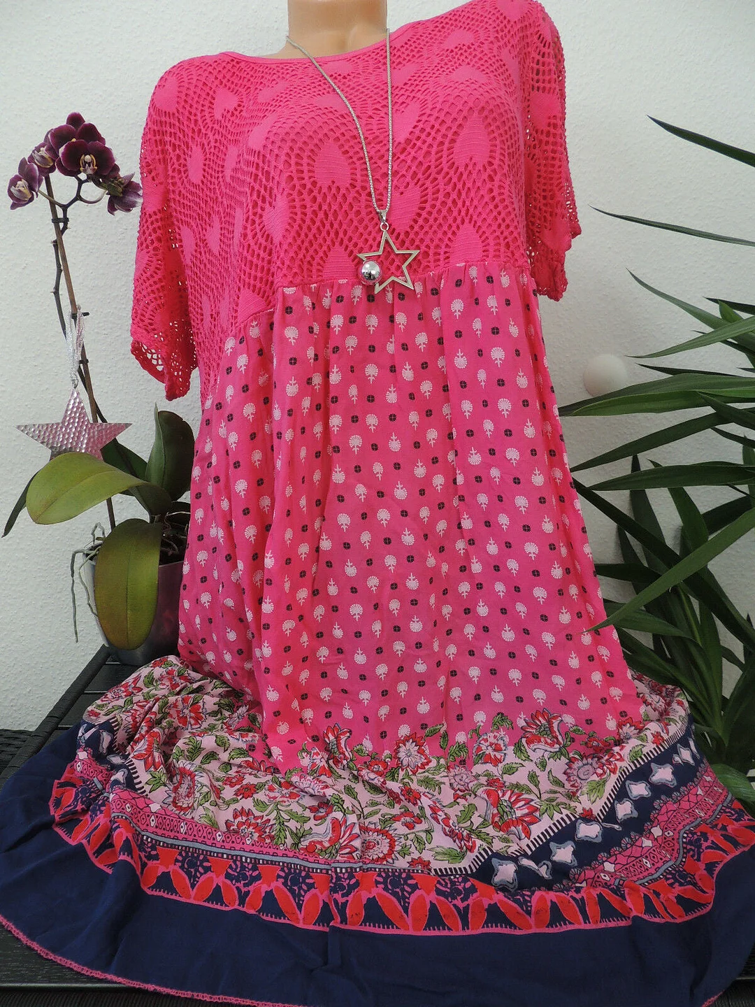 Women Short Sleeve Scoop Neck Floral Printed Lace Stitching Tops