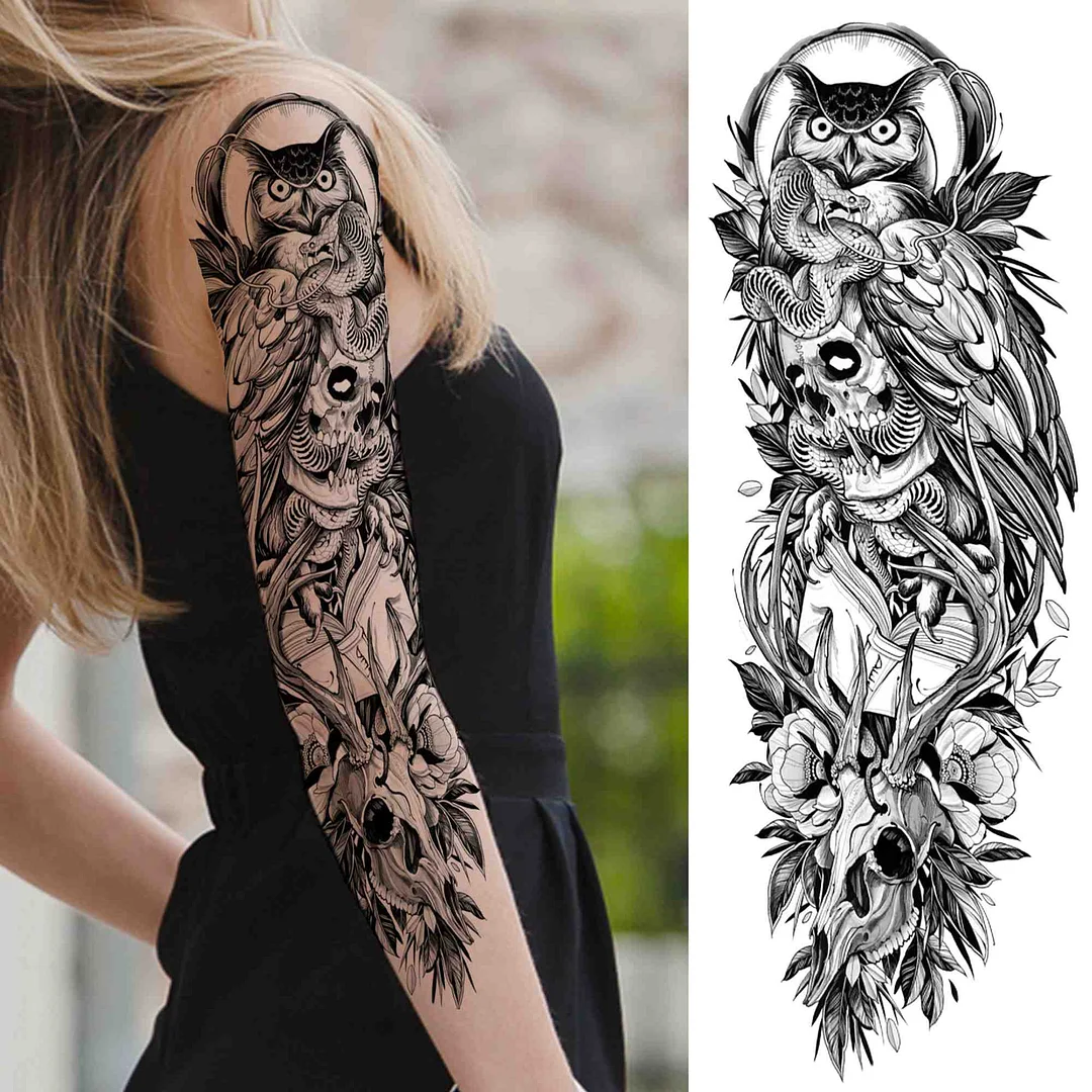 Flower Temporary Tattoo For Women Men Adult Full Arm Demon Wings Tattoos Sticker Sleeve Fake Black Skull God Tatoos Shoulder 1103-1