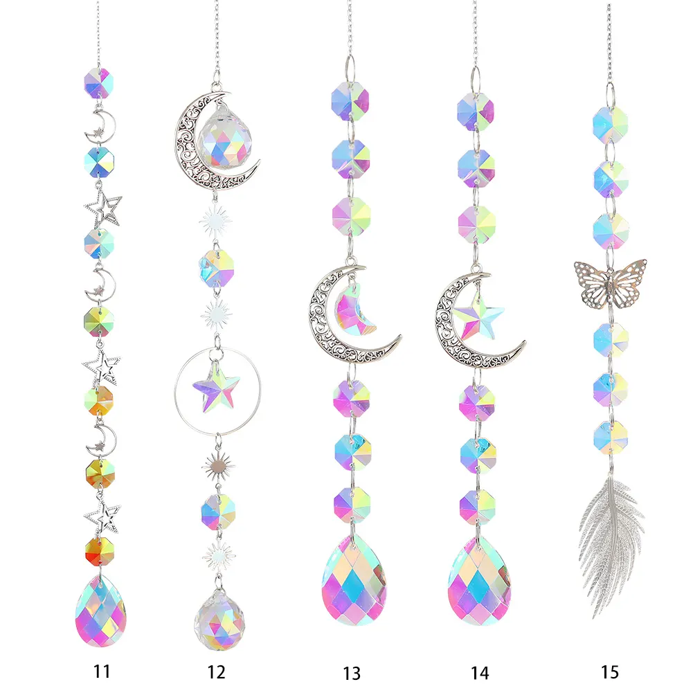 Crystal Windchime Ornament Hexagonal Feather Butterfly Hanging Wall Pendant
