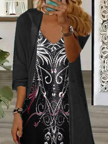 Women's Long Sleeve V-neck Graphic Printed Two Pieces Maxi Dress