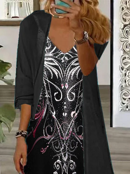 Women's Long Sleeve V-neck Graphic Printed Two Pieces Maxi Dress