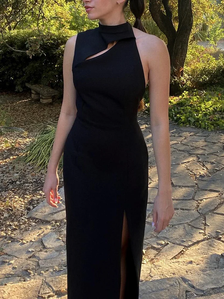 Black Open Back Slit Dress