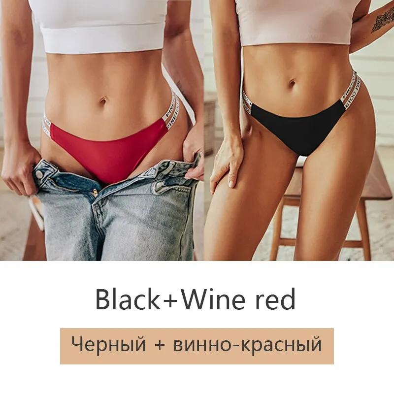 FINETOO 2Pcs/set Seamless Thongs Women Brazilian Underwear M-XL Female Panties Fashion Hollow Low Waist Letter Bikini Panty 2021