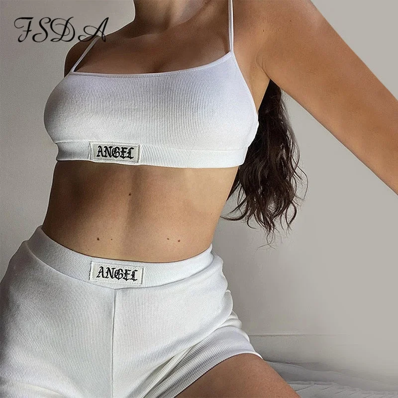 Summer Ribber Women Set White Spaghetti Strap Crop Top And Mini Biker Shorts Embroidery Two Piece Sets Sexy Outfit Party