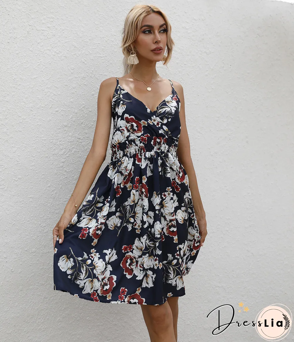 Summer Halter Print V-neck Dress Women Sleeveless Backless Beach Vacation Beach Dress Vestidos Elegantes Para Mujer