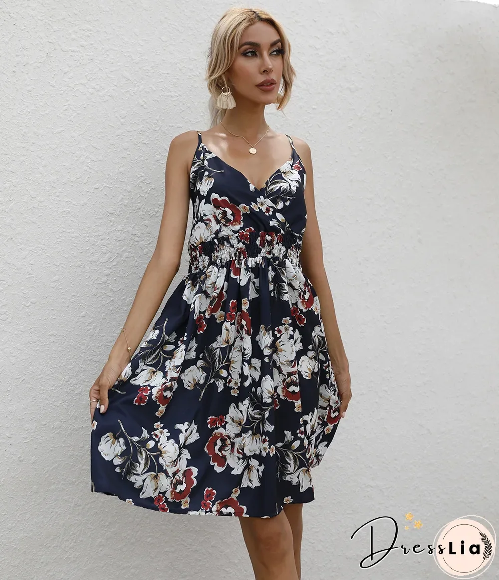 Summer Halter Print V-neck Dress Women Sleeveless Backless Beach Vacation Beach Dress Vestidos Elegantes Para Mujer