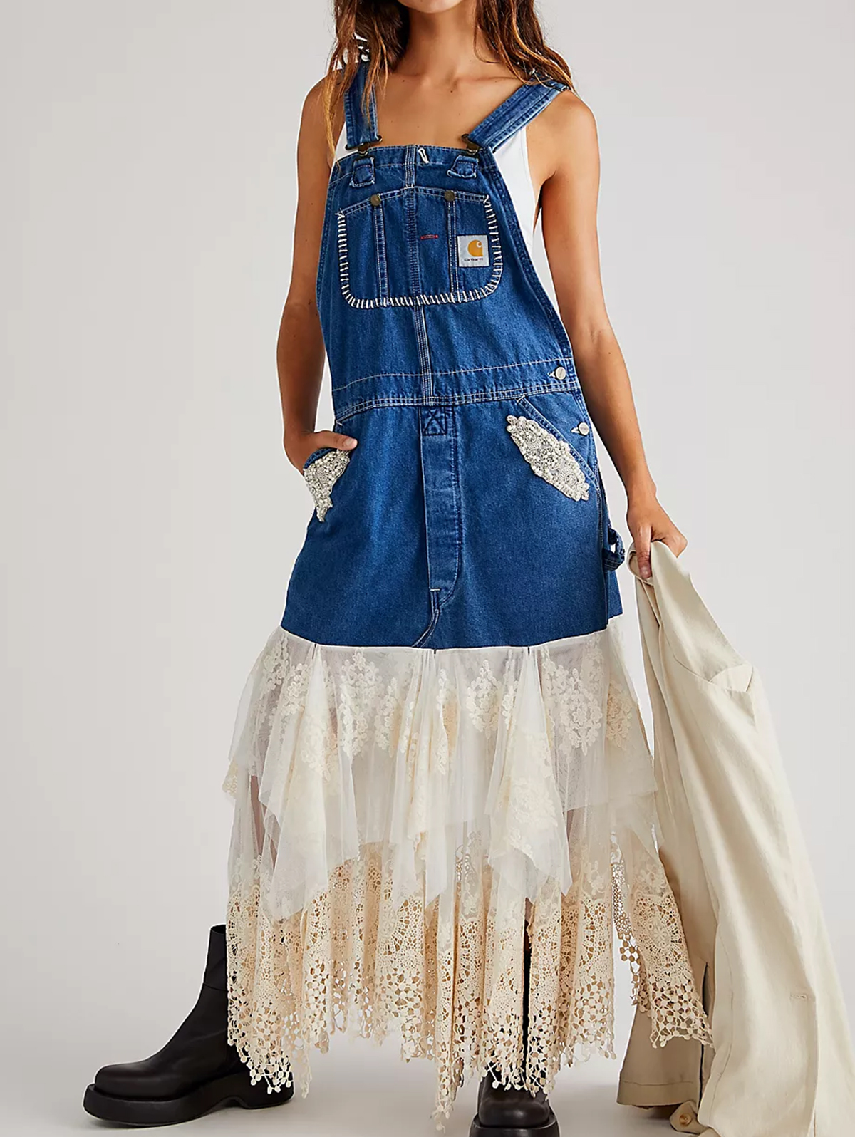 Denim Irregular Lace Patchwork Pocket Overall Maxi Dress