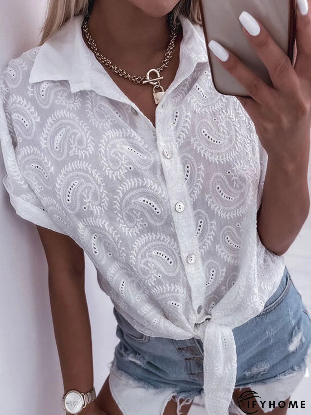 Hollow-out Embroidered Short Sleeve Plain Blouse | IFYHOME