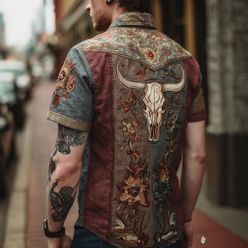 Western Floral Bull Skull Embroidered Patchwork Linen Shirt