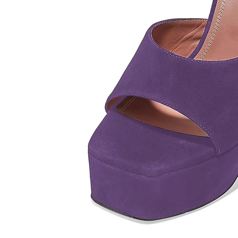 Women's Purple Square Toe Slip On Flared Heel Platform Sandals