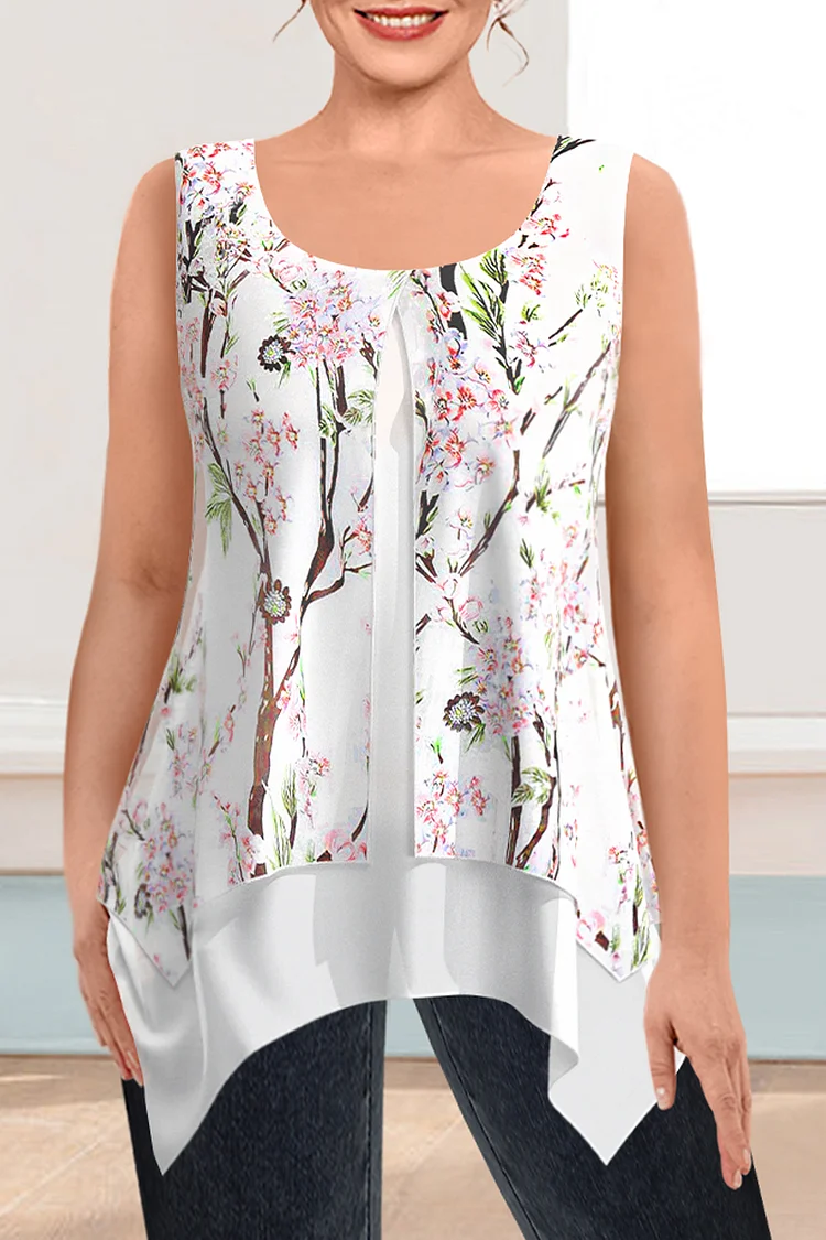 Flycurvy Plus Size Casual White Floral Print Asymmetrical Hem Two Pieces Tank Top  Flycurvy [product_label]