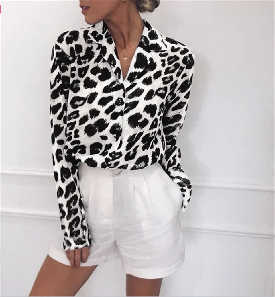 Chiffon Blouse Long Sleeve Sexy Leopard Print Blouse Turn Down Collar Lady Office Shirt Chemise Femme Tunic Casual Bluzka Damska