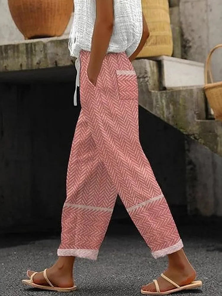 Contrast Color Drawstring Elasticity Pockets Printed Split-Joint High Waisted Plus Size Trousers Pants