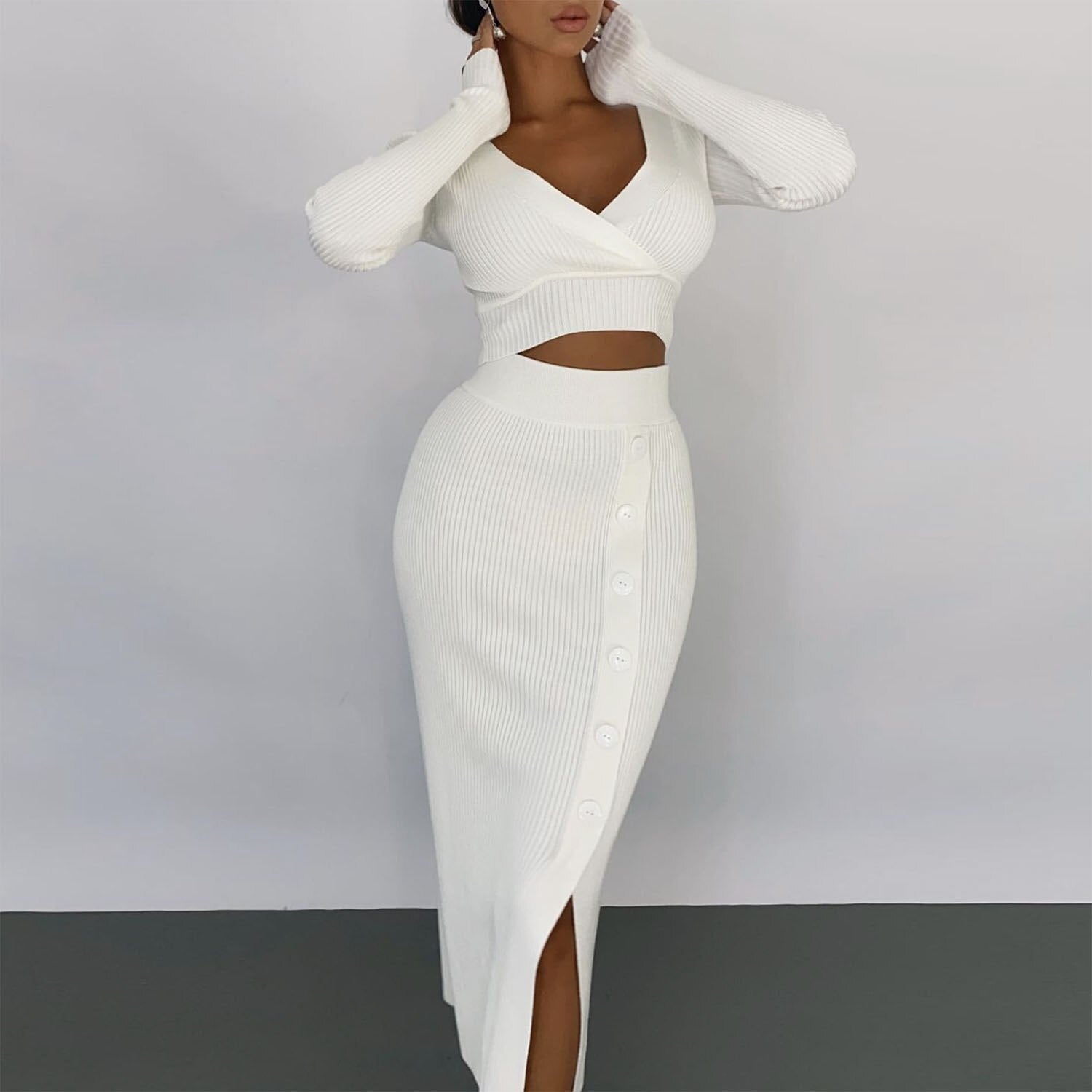 Llyge  Autumn Knitted Dress Sets Two Piece Elegant Fashion Women's Sets White Long Sleeve Tops and Midi Skirts Sets Outfits 2024 llyge