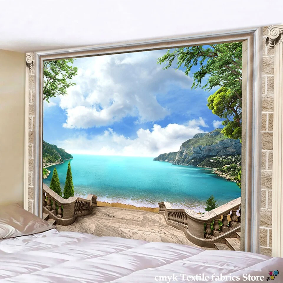 seaview room Tapestry Sea Coconut Tree Wall Hanging Beach Tapestries 3D Printed Large Wall Tapestry Boho Hippie Home Decor