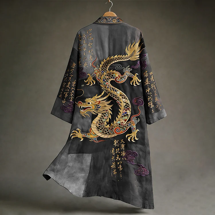 Men's Vintage Japanese Calligraphy Dragon Art Pattern Linen Blend Kimono