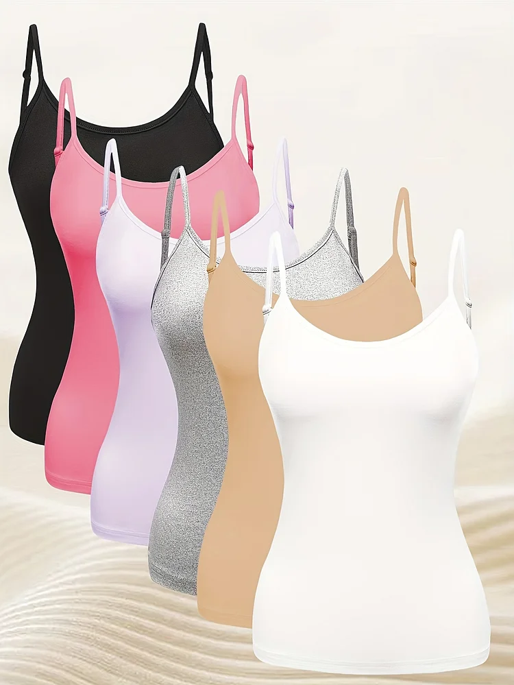 6pcs Solid Color Basic Cami Top, Casual Sleeveless Slim Fit Top For Spring & Summer, Women's Clothing
