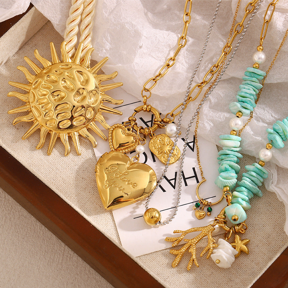 Small Exaggerated Design Stainless Steel 18K Gold Plated Coral Heart Seashell Ring Pendant Necklace