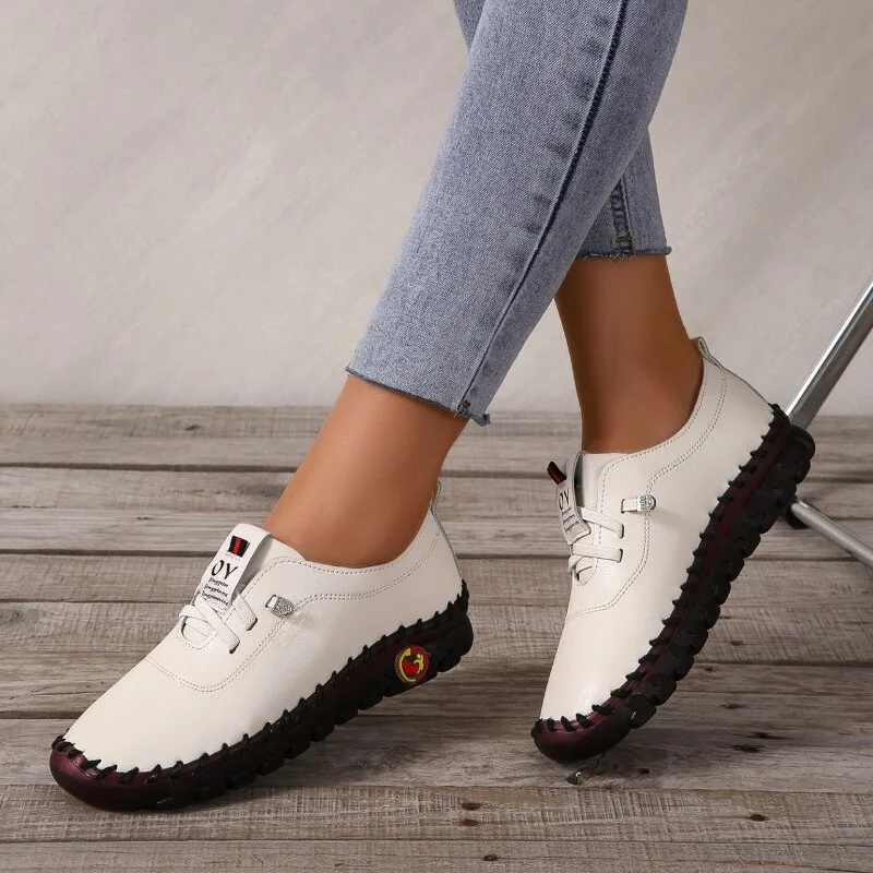 Qengg New Women's Casual Shoes Lace-up Solid Color Soft Sole Simple Flats Fashion Outdoor Comfortable Non-slip Loafers Sapatos Casuais