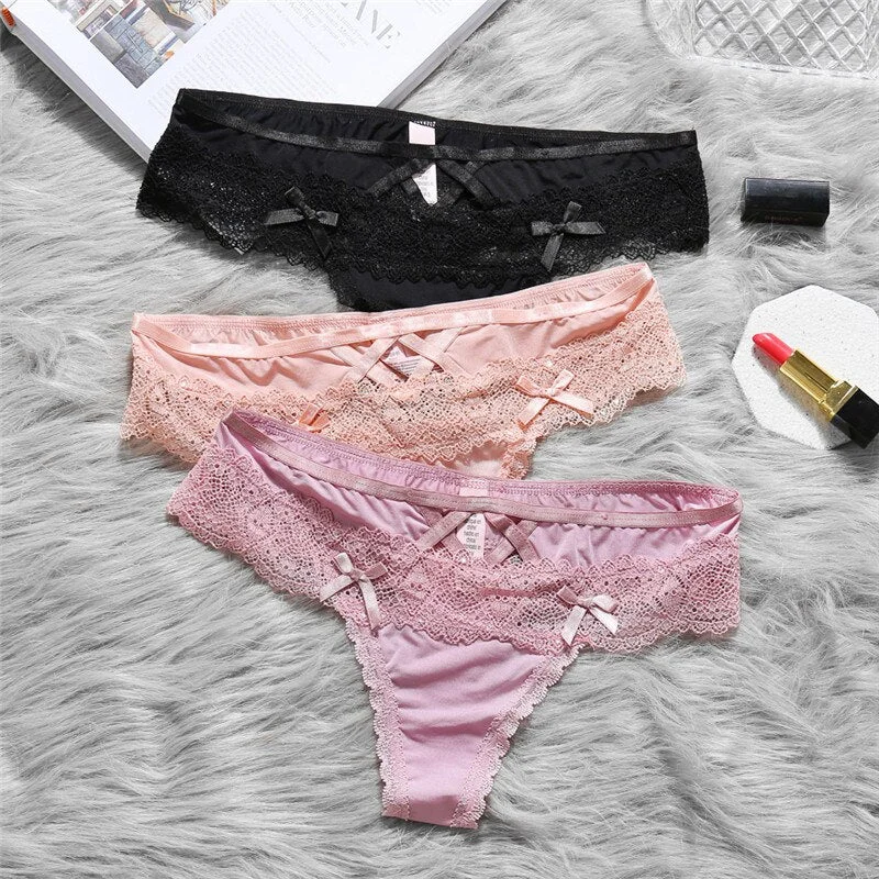 FINETOO Women Sexy Lace Lingerie Panties G String Low-waist Panties Embroidery Bow Thong Female Transparent Hollow out Underwear