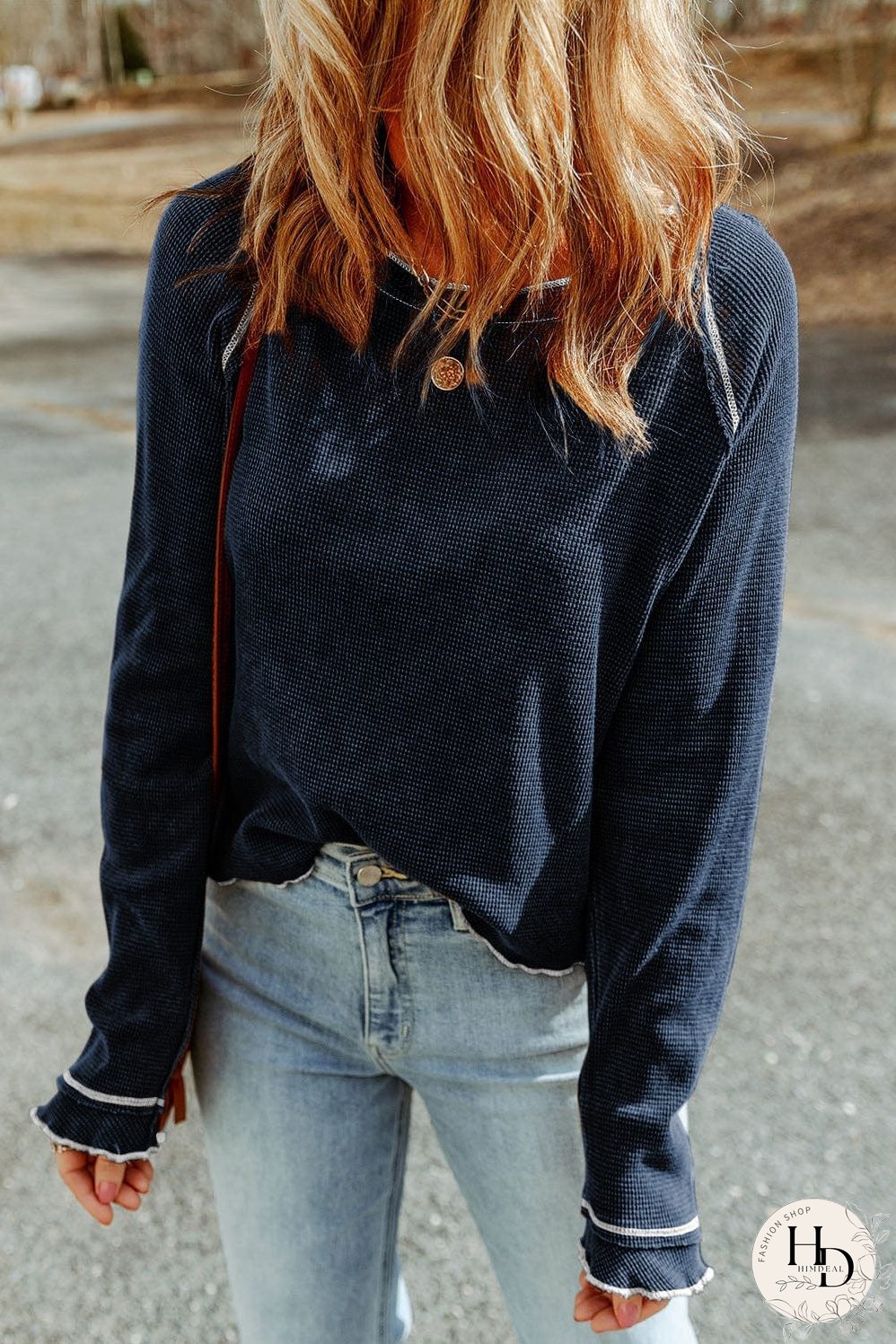 Blue Waffle Knit Casual Long Sleeve Top with Round Neck