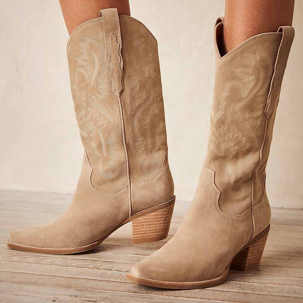 Khaki Embroidered Snip Toe Chunky Heel Pull-On Mid-Calf Cowgirl Boots Nicepairs
