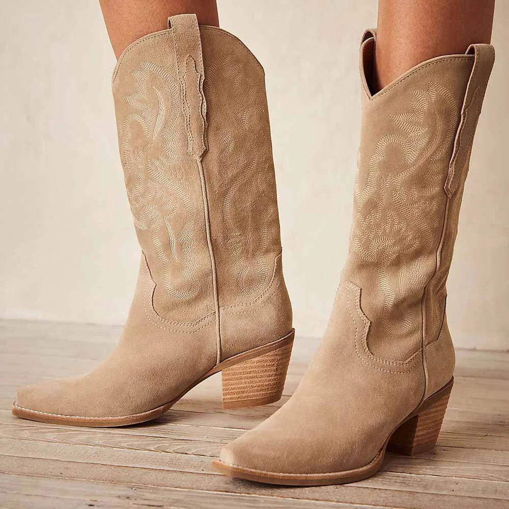 Khaki Faux Suede Chunky Heel Embroidered Mid-Calf Cowgirl Boots Nicepairs
