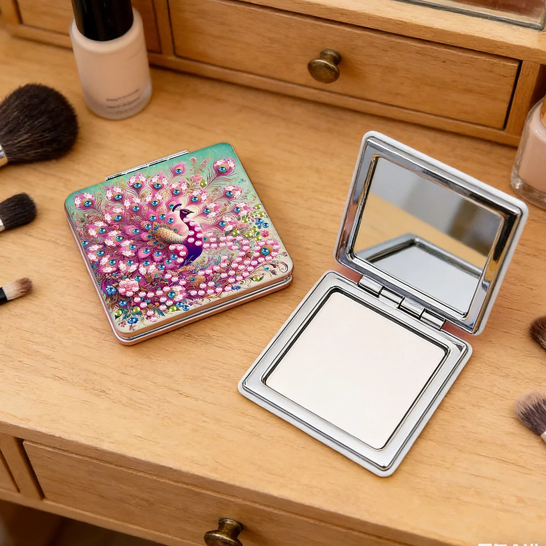 Pink Peacock DIY Special Shaped Diamond Painting Compact Mirror Kits Diamond Art Painting Pocket Mirror for Adults and Beginners