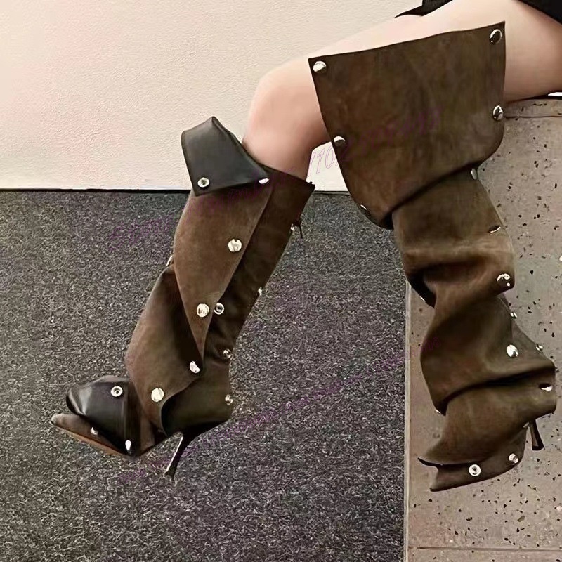 VCSHOES Denim Button Folded Knee High Boots Pointed Toe Shoes For Women Stilettos High Heels Lady Shoes Zapatos Para Mujere