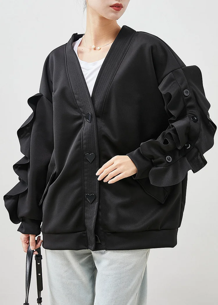Modern Black Ruffled Patchwork Cotton Jackets Spring