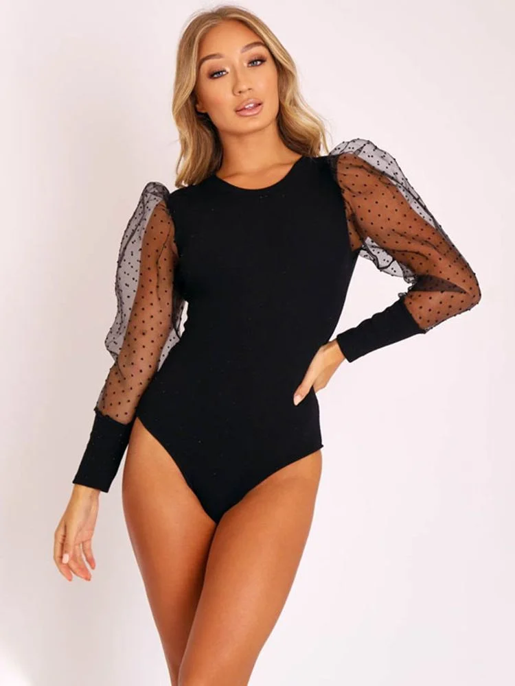 Mesh Puff Sleeve Elegant Bodysuits Tops Women Long sleeve Solid Bodycon Sexy Bodysuits Jumpsuit Vintage Club Body Top Femme