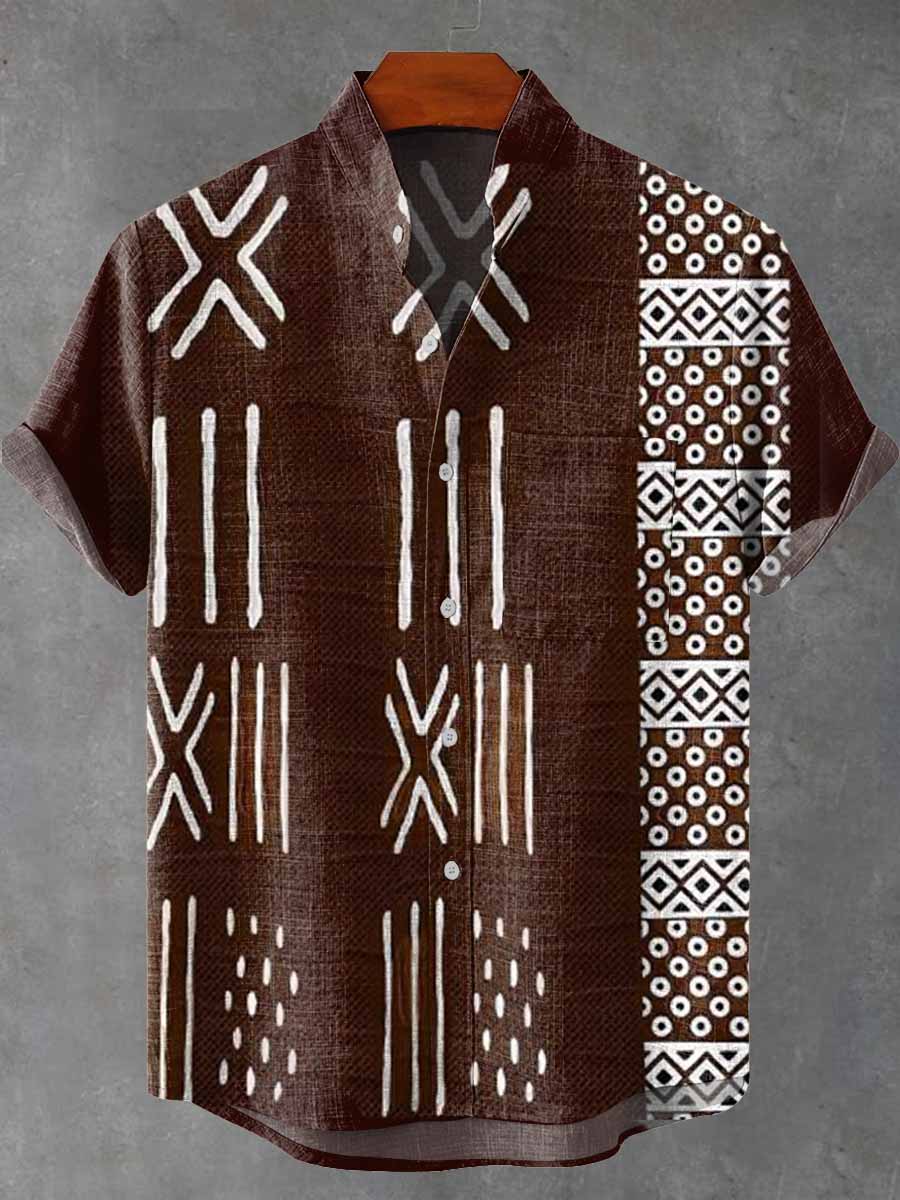 Vintage Art Abstract Lines Vintage Print Casual 100% Cotton Shirt