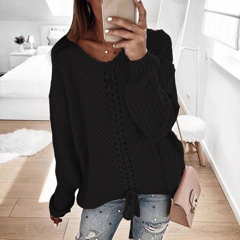 Wongn Wongn New Women Long Sleeves Loose V Neck Rope Exposed Back Jumper Knit Sweater Women's Clothing