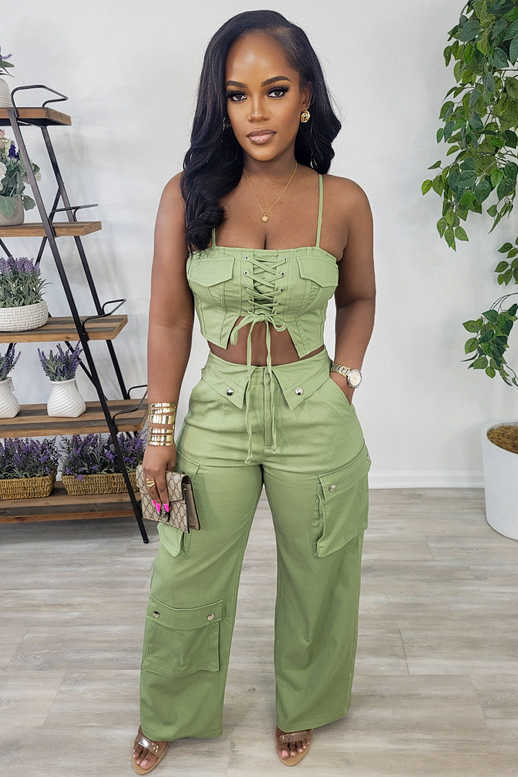 Front Lace Up Crop Cami Pocket Wide Leg Pants Matching Set-Green [Pre Order]