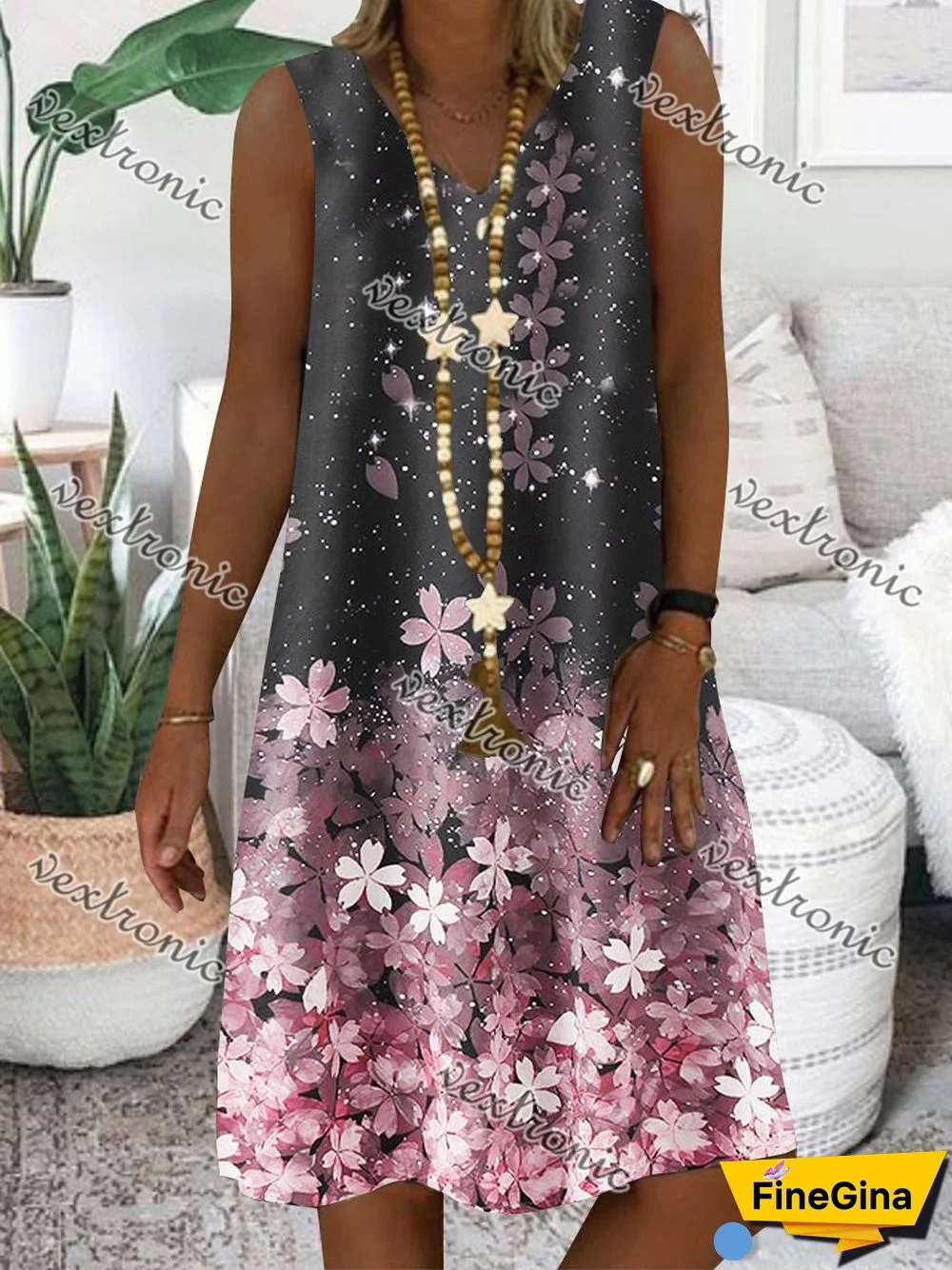 Women Black Sleeveless V-neck Printed Midi Dress