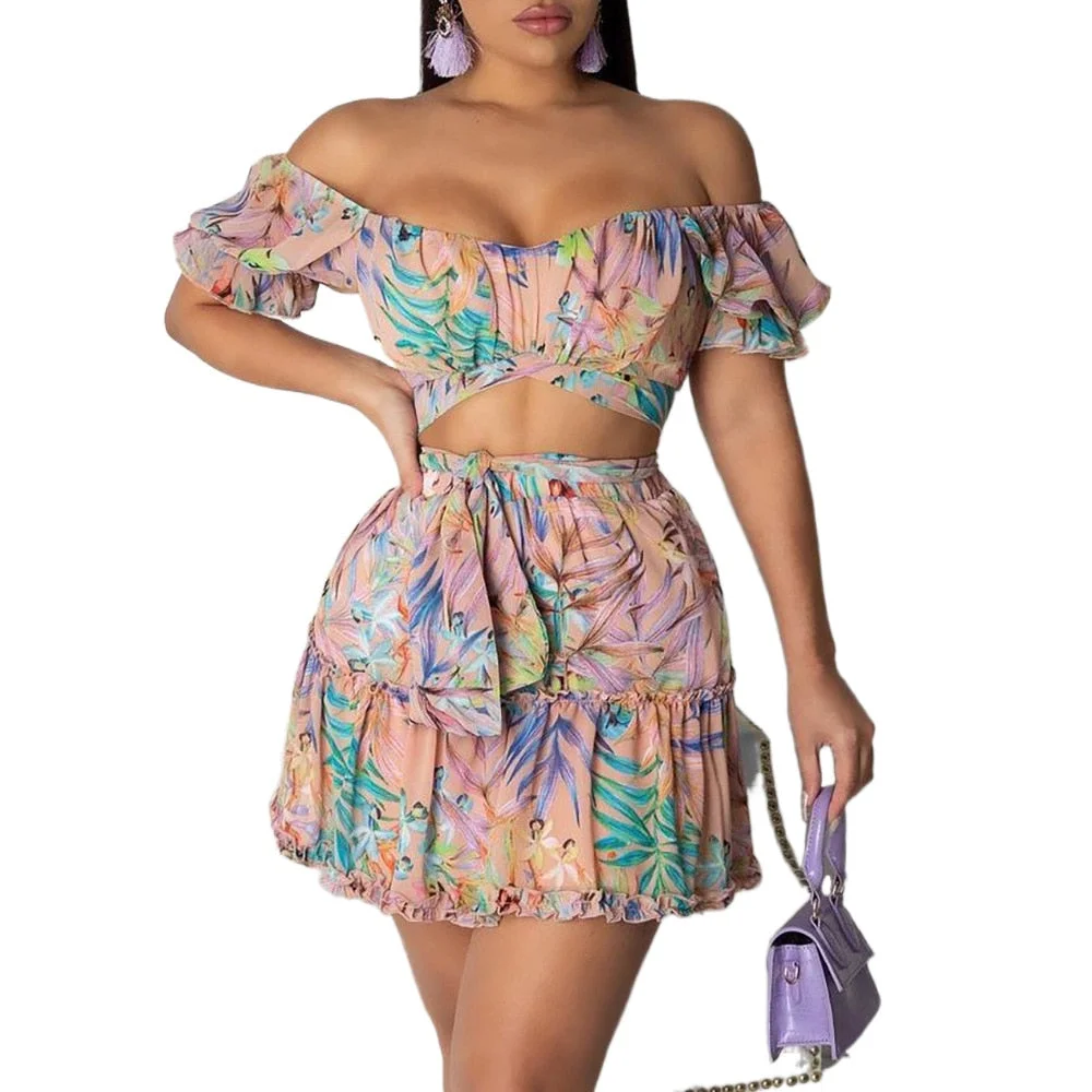 CM.YAYA Foral Beach Bohemian Women's Tracksuit Mini Pleated Skirts Set with Crop Tops Matching Two 2 Piece Set Active Sweatsuit