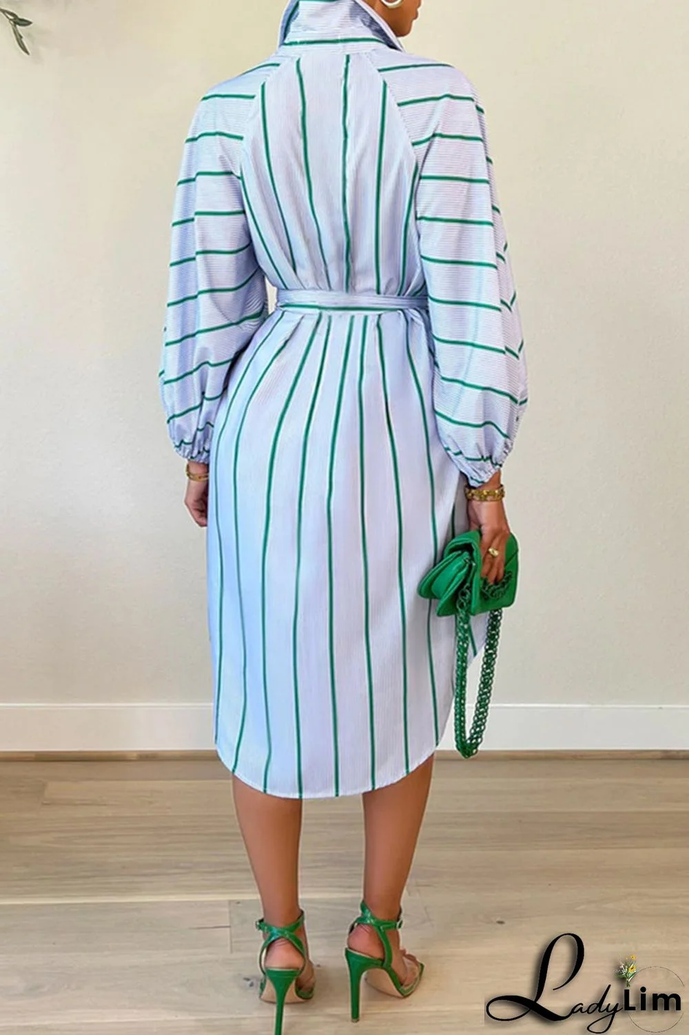 Pink Fashion Striped Print With Belt Turndown Collar Shirt Dress