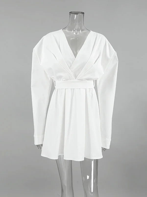 Pleated Solid Color Split-Joint Tied Waist Long Sleeves Loose V-Neck Shirt Dress Mini Dresses