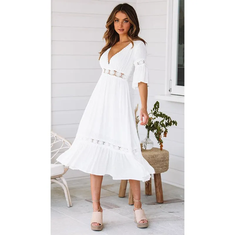 Ordifree 2022 Summer Women White Maxi Dress Sundress Sexy Lace Crochet Long Tunic Beach Dress