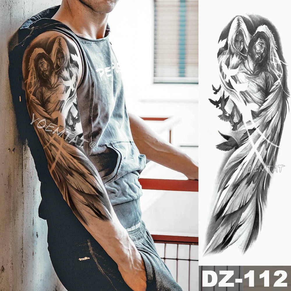 Large Arm Sleeve Tattoo Angel Wings Pigeon Jesus Waterproof Temporary Tattoo Sticker Holy Holiness Men Full Skull Totem Tattoo 513